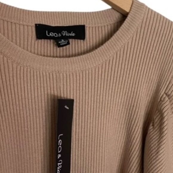 NWT Lea & Viola Rib Knit Puff Sleeve Top in Tan Small - Picture 3 of 4